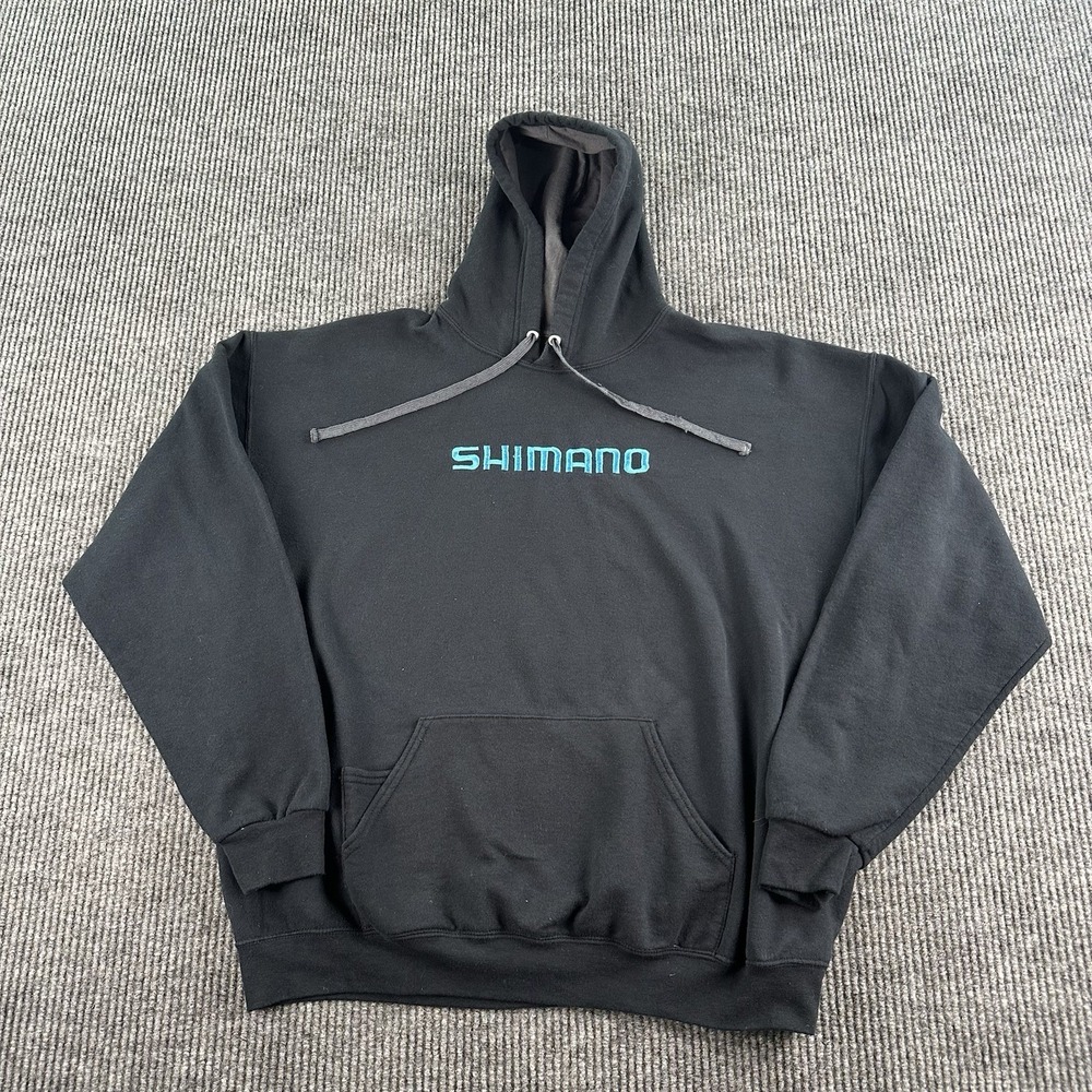 Shimano Hoodie Mens Size XL Black Blue Pullover Center Logo Fishing Sweatshirt